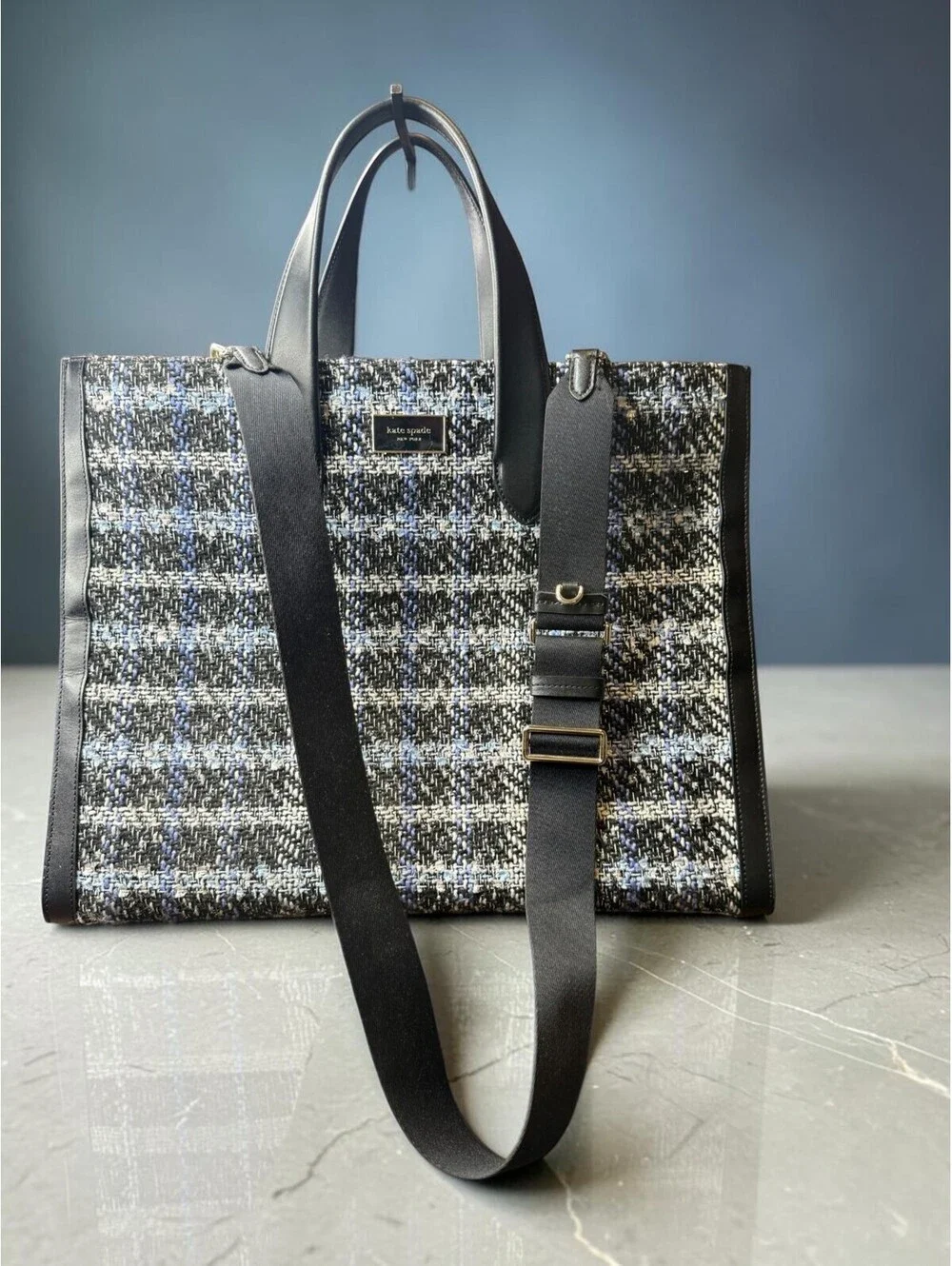Kate Spade Manhattan Plaid Tweed Large Tote Black Blue Leather KI580 Crossbody